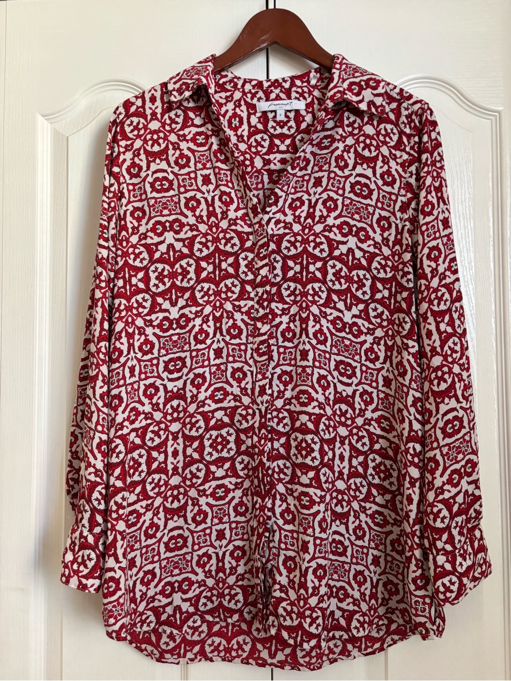 Foxcroft Red and White Patterned Button-Down Blouse